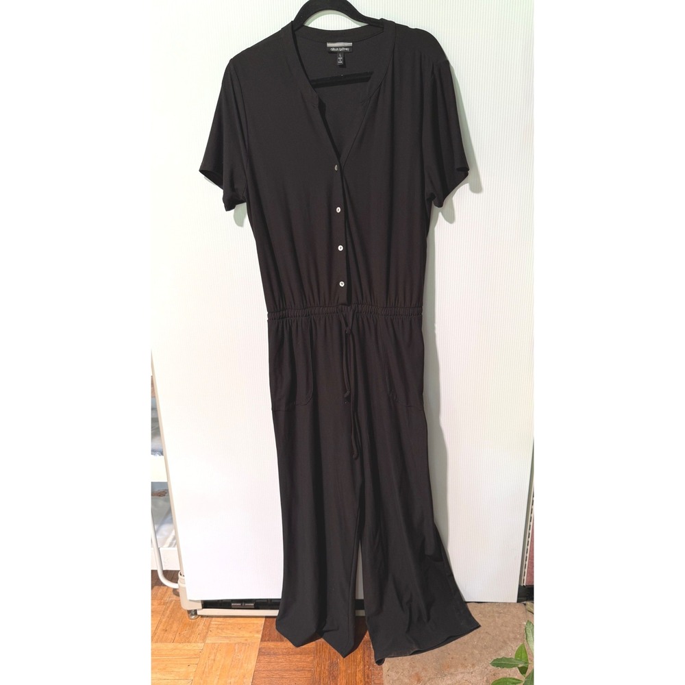 Allison Brittney Black Jumpsuit Womens L Wide Leg Button Front Stretch Casual